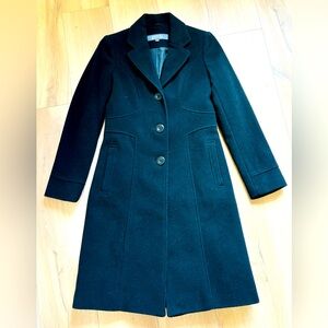 Kenneth Cole 3/4 length black wool pea coat, lined, button up, pockets